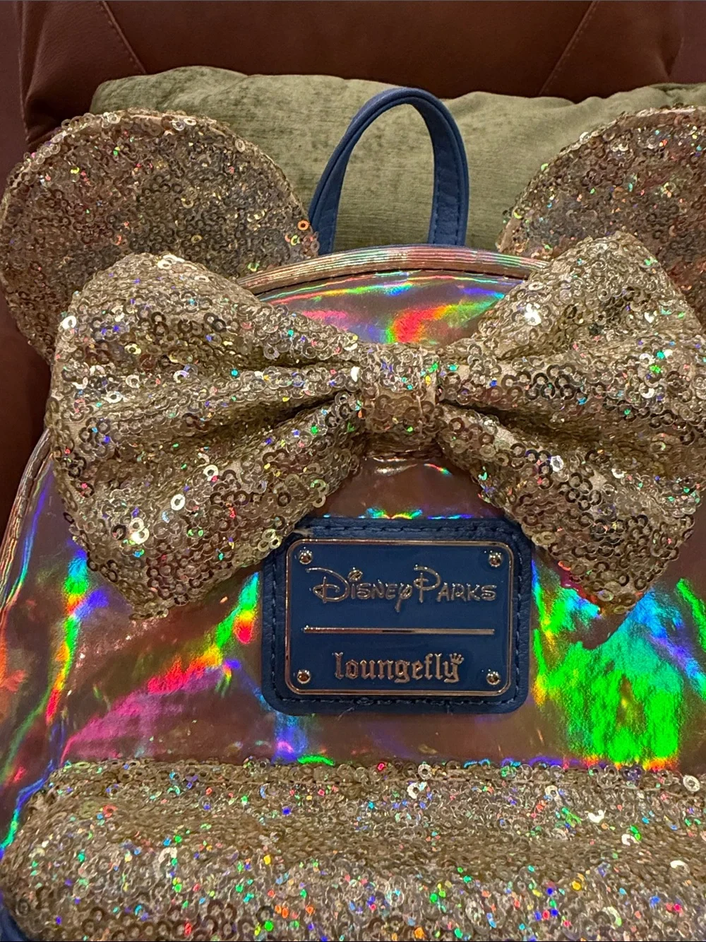 Disney Parks Gold Holographic & Sequin Minnie Mouse Loungefly Backpack with Bow